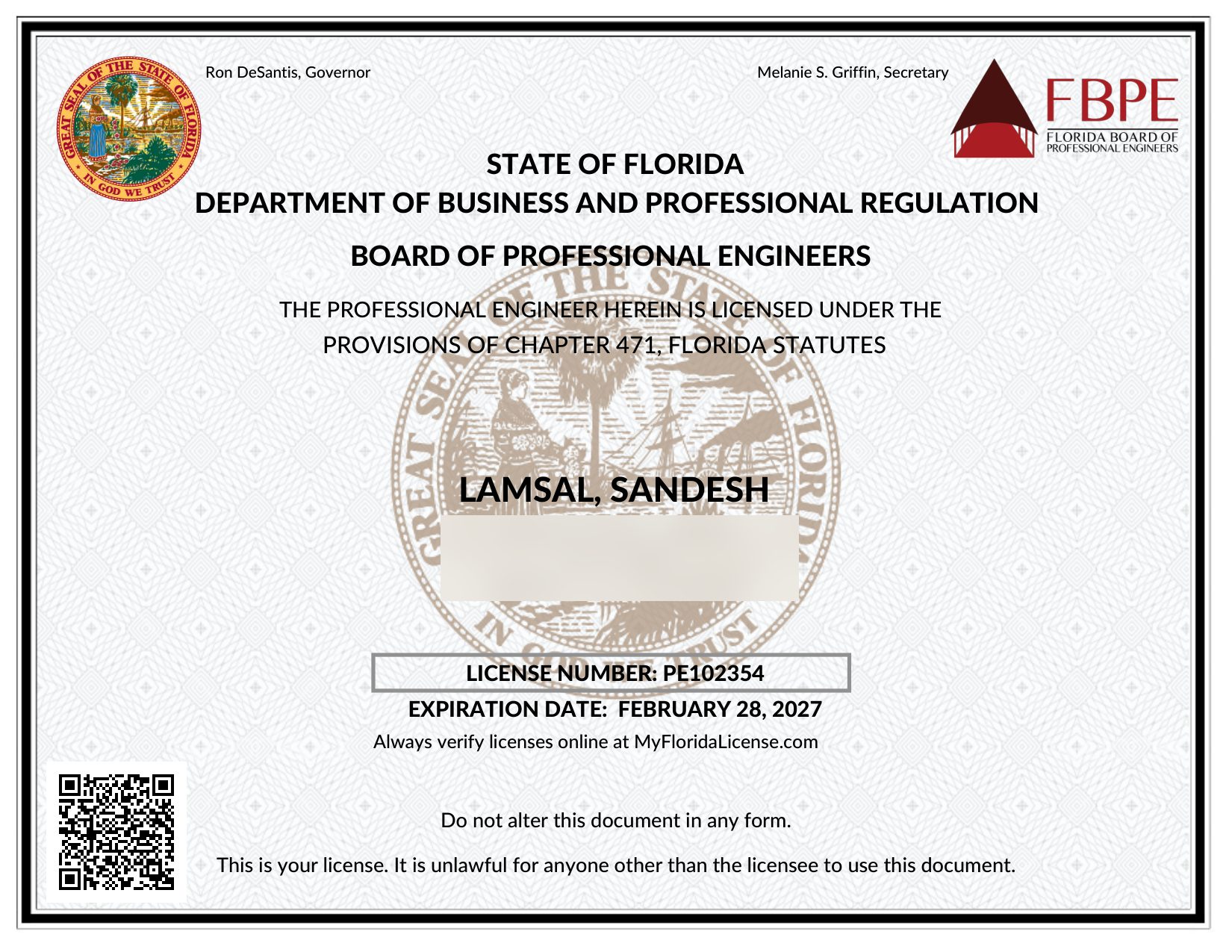 Professional Engineer (P.E.) – Florida Board of Professional Engineers