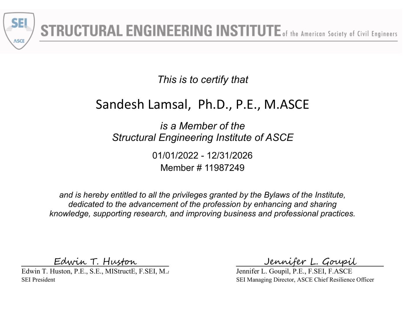 Member, SEI – Structural Engineering Institute of ASCE
